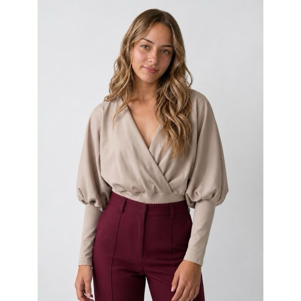 Zunilda Gutierrez Beige V Neck Ballon Sleeve Body Suits(10-b68)